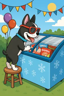 Boston terrier standing on a stool peeking into an ice cream cart full of frozen treats