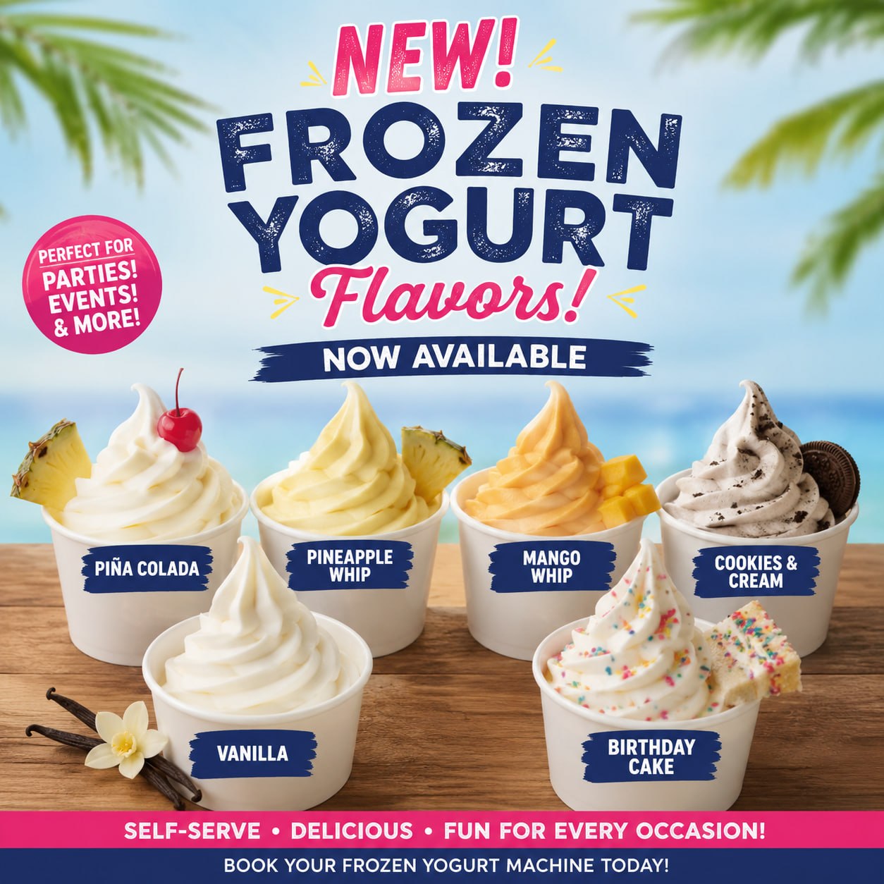 Frozen yogurt flavor options available from Thirsty Dawg Rentals